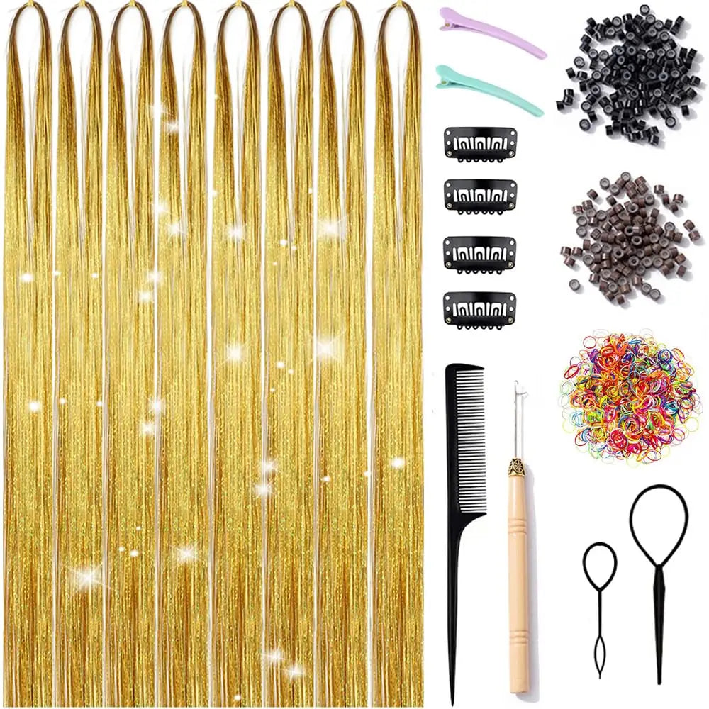 Gold Remy Hair Tinsel Kit Tools 8pcs 1600 Strands Glitter Hair Extensions Heat Resistant Highlights Sparkling Fairy Hair