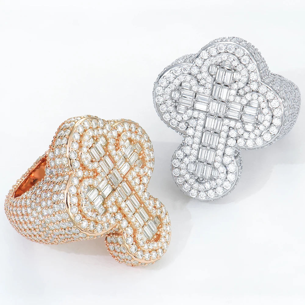 Hiphop 925 Silver Cross Design Iced Out Baguette Cut Moissanite Ring Rhodium & Rose Gold Plating Options Fine Jewelry