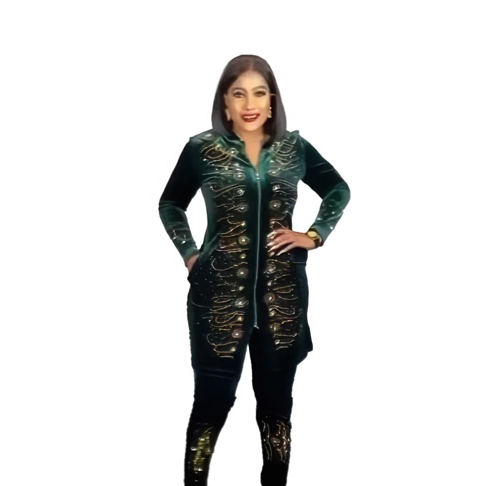 Good Quality African Dresses for Women Clothing Luxury Rhinestones Two Piece Set Velvet Africa Clothing African