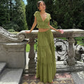 Elegant Chiffon Two Piece Set Women V Neck Short Sleeve Crop Top Maxi Skirt Matching Sets Female Club Party Dress Set