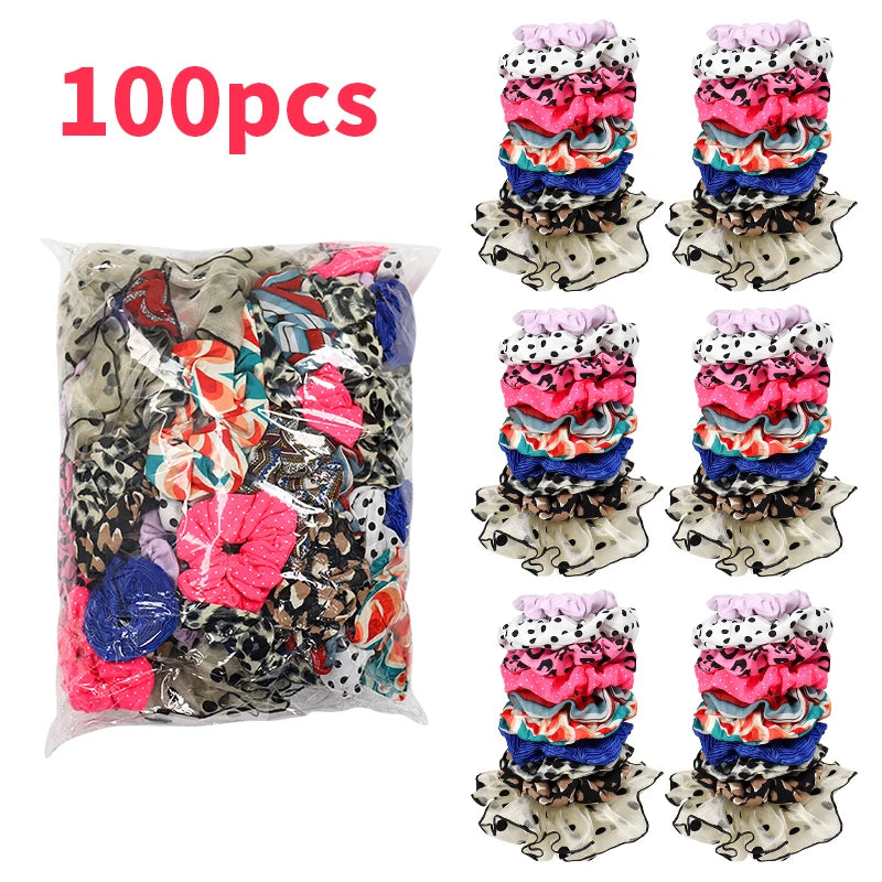Cheapest Top Quality 100 Pcs / Bag Womens Printed Satin Elastic Hair Ties Bands Large Hair Scrunchies Hair Accessories Ponytail