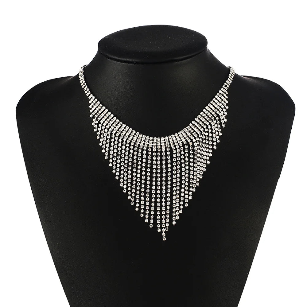 Romantic Silver Crystal Necklace Women Strand Tassels Statement Rhinestone Claw Setting Engagement Wedding Anniversary Gift