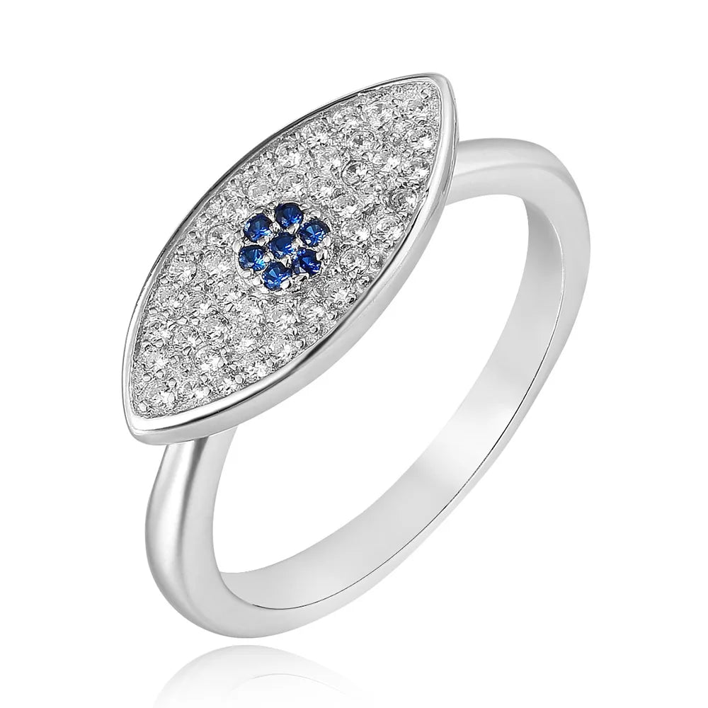 POLIVA Turkish Evil Eye 925 Sterling Silver Ring Cubic Zirconia Lucky Protection Rhodium Plated Gift for Women's Birthday
