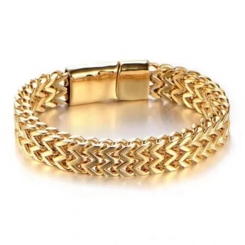 Men's Fashionable Double Row Stainless Steel Bracelets Gold Plated Titanium Square Chain Link Positive Braided Bracelets