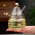 Kitchen Honeycomb Jam Storage Honey Pot Home Cute Clear Honeybees High Borosilicate Glass Honey Jar With Stirring Rod and Lid