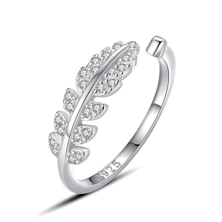 Fashion 925 Sterling Silver Leaf-shaped Micro Inlaid Diamond Open Adjustable Finger Ring for Women
