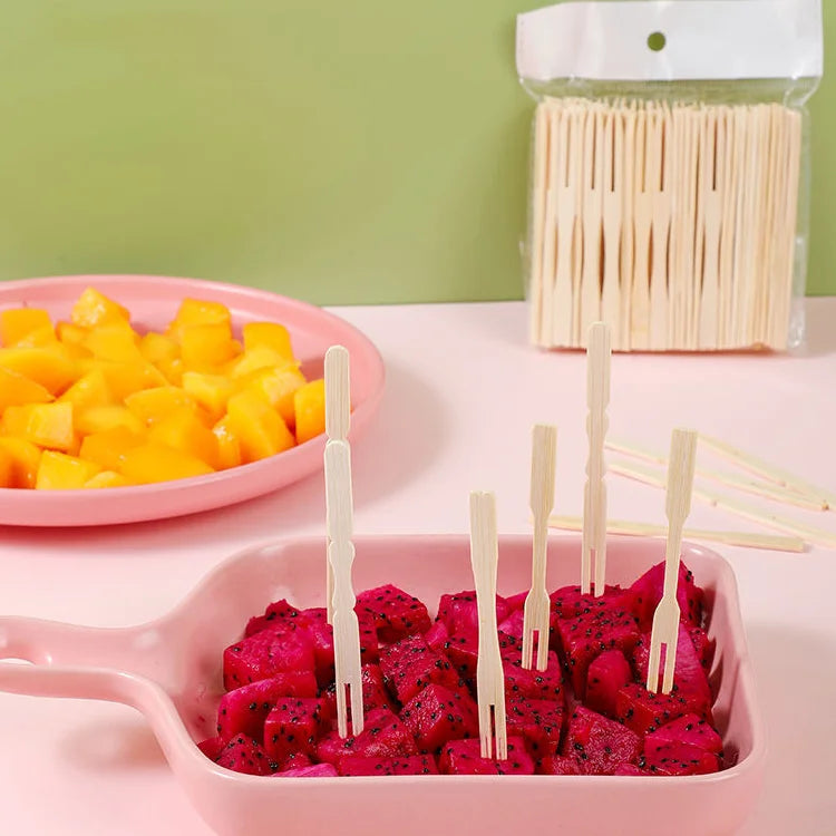 Party Disposable Bamboo Fruit Fork Cake Dessert Two Tooth Utensil Set