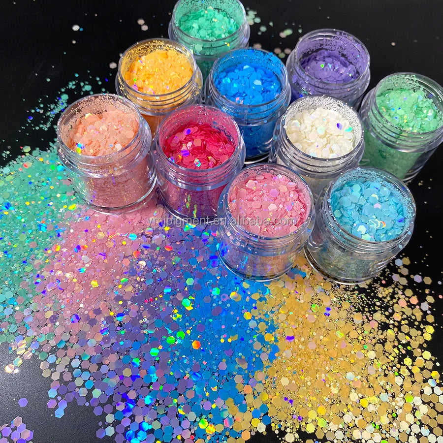 Bulk PET Solvent Resistant Chunky Glitter Mix Holographic Macaron Glitter Powder Eco Friendly Heart for Tumbler Snow Globe