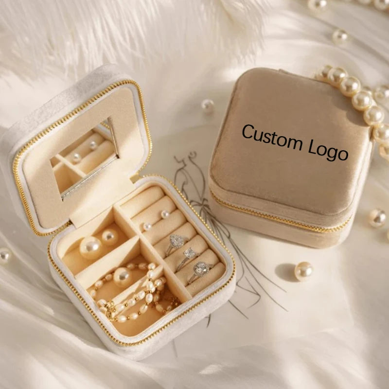 Portable Velvet Jewelry Travel Case with Mirror Custom Logo for Earrings Ring Necklace Storage Elegant Jewellery Box