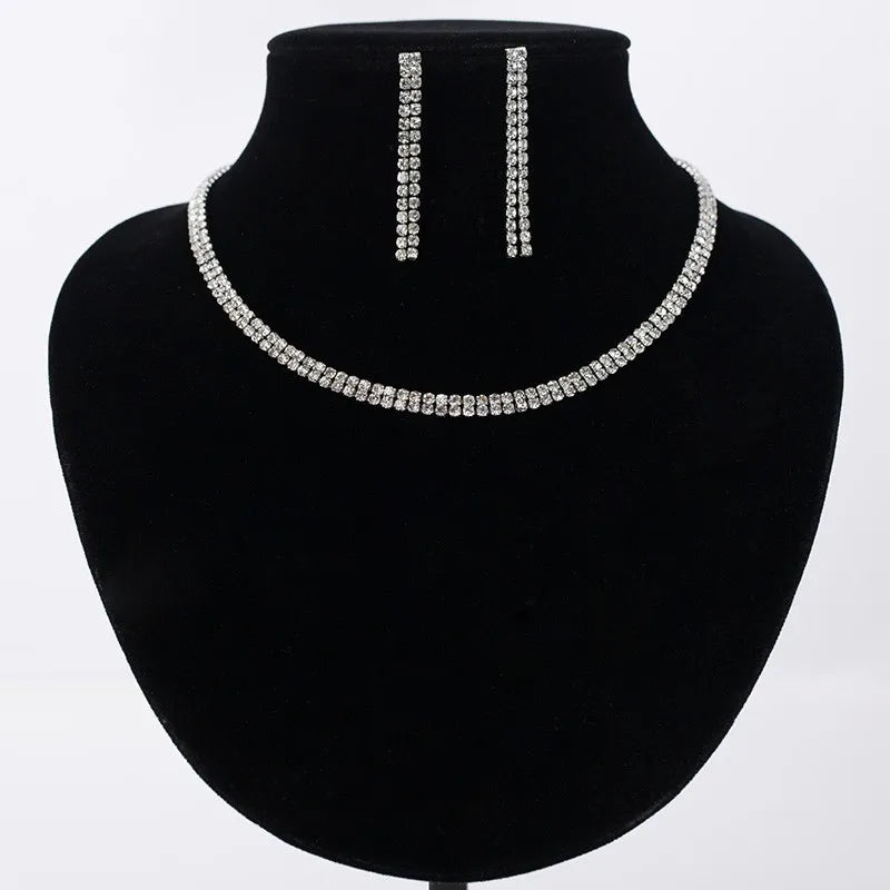 Classic Simple Design Double-Row Rhinestone Necklace Earrings Set Crystal Charm Jewelry for Young for Wedding Party Engagement