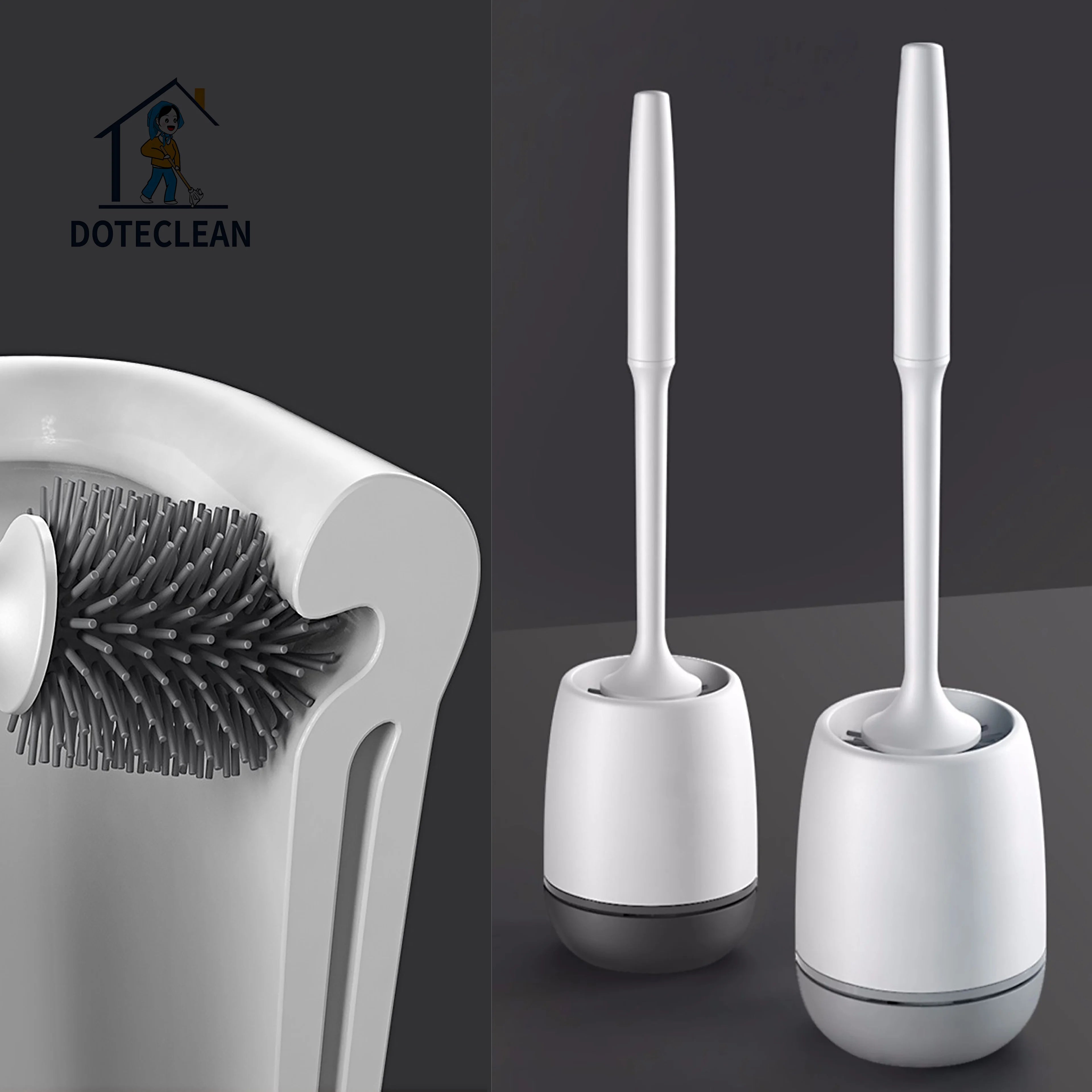 Highly Efficient Soft TPR Bathroom Clean Brush Plastic Toilet Silicon Brush Set With Holder