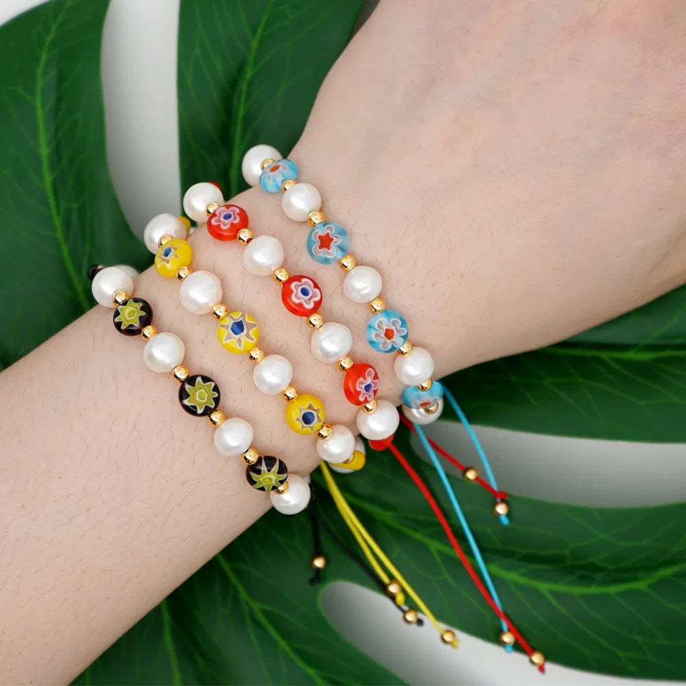 Cute Design Freshwater Pearl Colorful Lampwork Glass Beads Handmade Adjustable Bracelet Women JBS11573