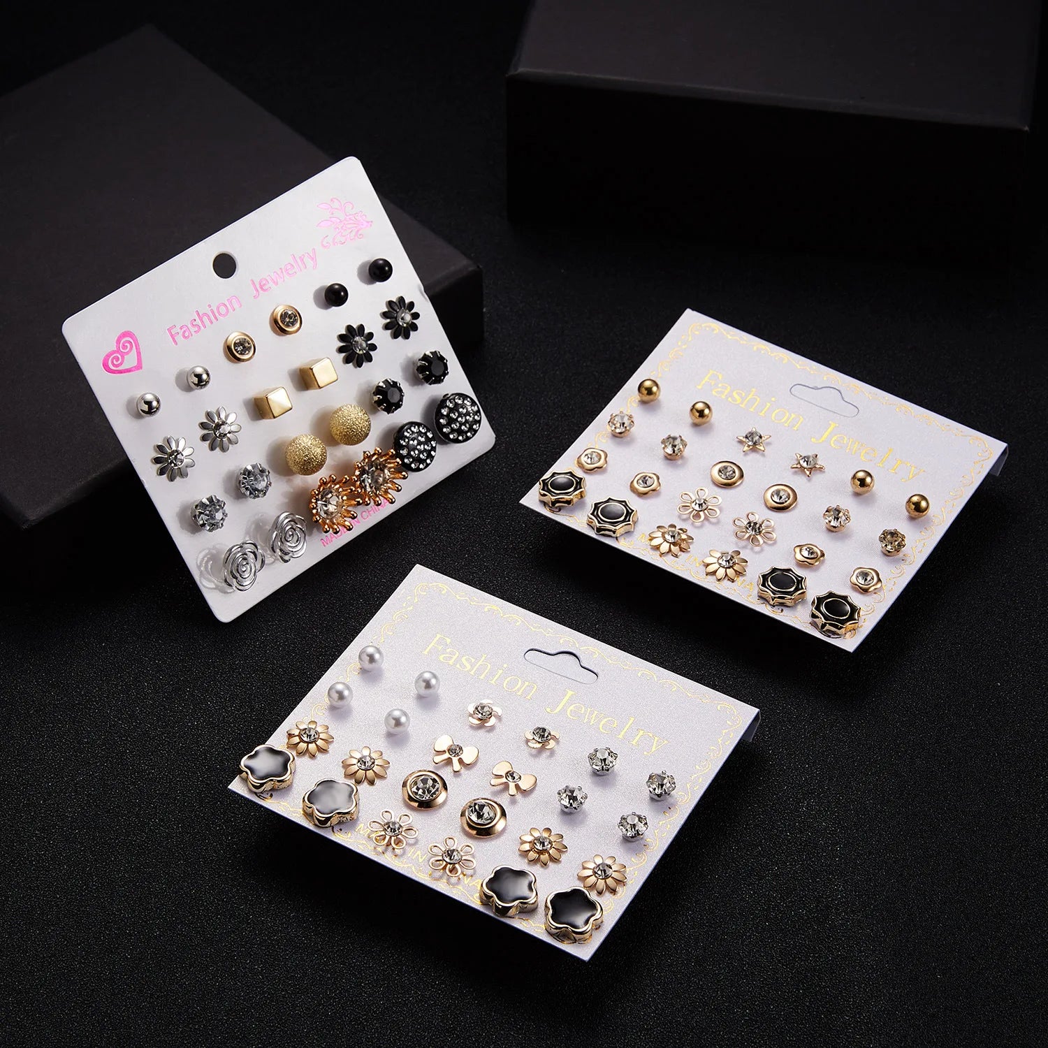 Dainty Tiny Pearl Star Flower Geometric Crystal Rhinestone Zircon Stud Earring Set Jewelry for Women