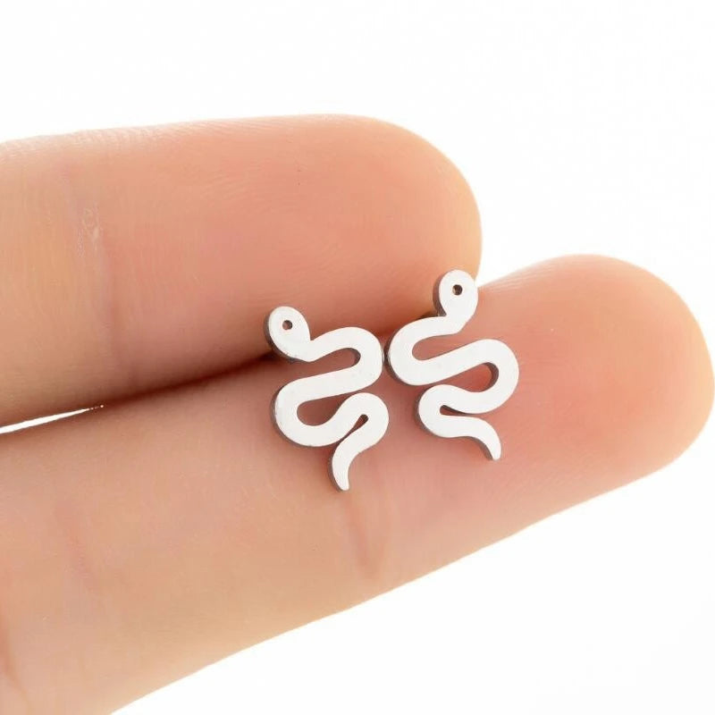 Simple Non Tarnish 18K Gold Silver Rose Plated Stainless Steel Snake Stud Earrings Jewelry for Women