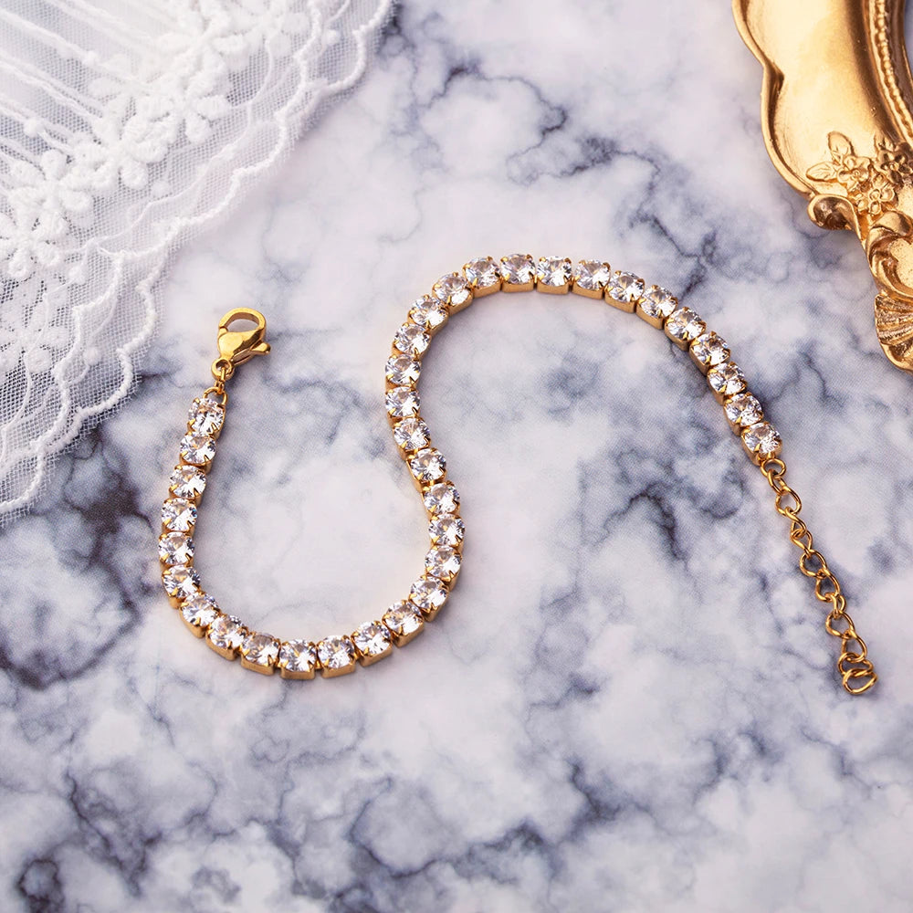 Dainty Minimalist Jewelry Stainless Steel 18K Gold PVD Plated Clear CZ Zircon Stone Tennis Chain Charm Adjustable Bracelet Women
