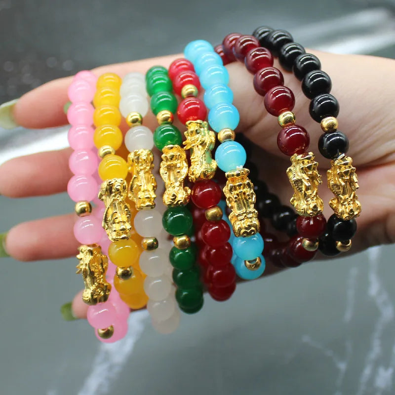 Wholesale Colored Natural Agate Beaded Bracelets Gold Beads Pixiu Jade Bracelets Men Women Luck Wealth