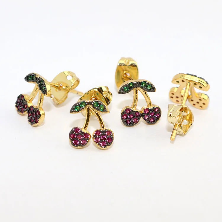 EC1900  Womans Fashion Dainty 18K Gold Plated CZ Coconut Tree Cactus Plant Earrings CZ Micro Cherry Strawberry  Fruit Studs