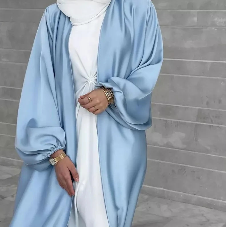Drop Shipping Loriya Hot Sale Modest Women Abaya Dubai Islamic Clothing Wholesale Luxury Satin Open Abaya Muslim Women Dress