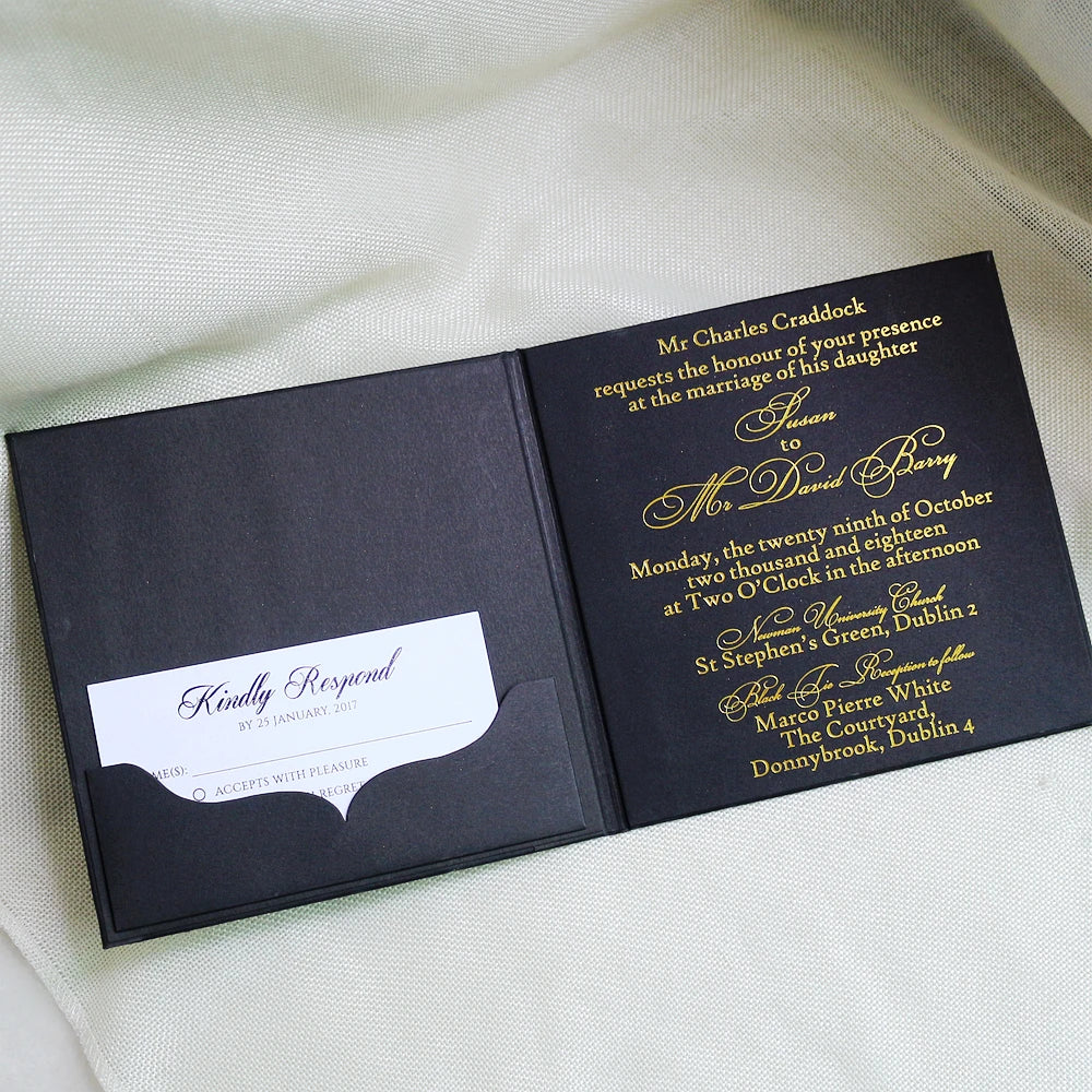 Gold Foil Initials Name logo Hardcover Wedding Invitation with Pocket MegaBDM