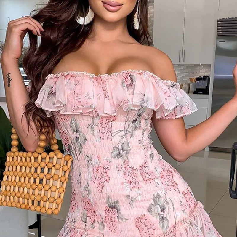 OEM LOGO ODM Bar Party Singer Club Floral Print Ruffles Off Shoulder Dress