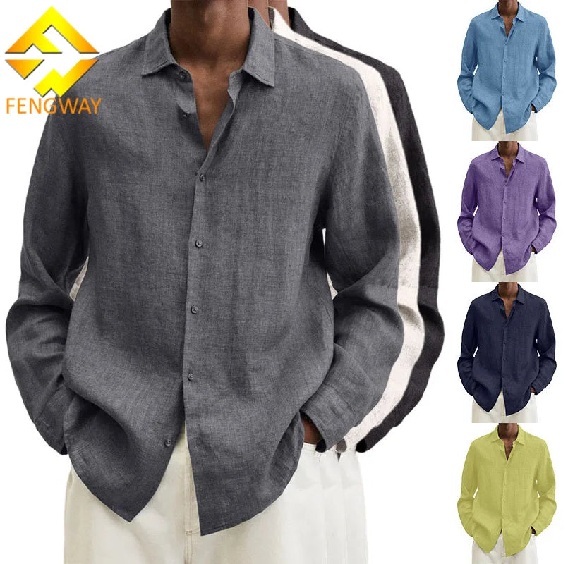 Fengway Custom Logo Cotton and Linen Button Shirt Solid Long Sleeve Casual Shirt Plus Size Loose Shirt for Men