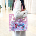 Stylish Pink Floral Pattern Tote Bag Women Fashionable Transparent PVC Waterproof Portable Reusable Beaches Shopping Parties