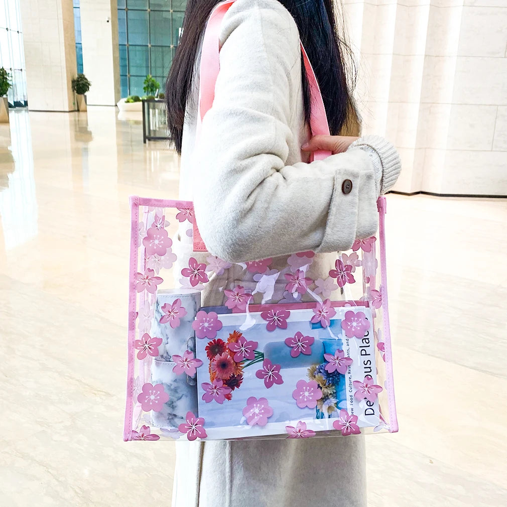 Stylish Pink Floral Pattern Tote Bag Women Fashionable Transparent PVC Waterproof Portable Reusable Beaches Shopping Parties