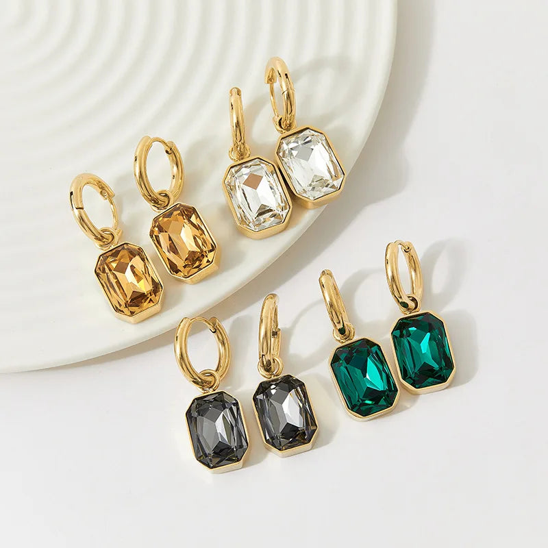 Fashion Jewelry New Earrings Stainless Steel Vintage Square Crystal Hoop Earrings for Women Wholesale