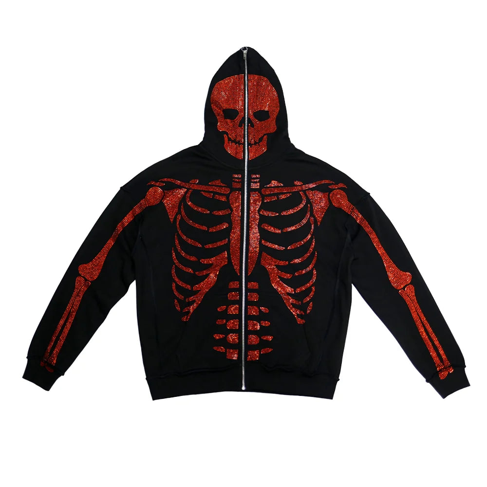 Custom Wholesale Winter Fashion Windproof Oversize Hoodie Rhinestone Full Zip up Hoodie Streetwear Hoodies
