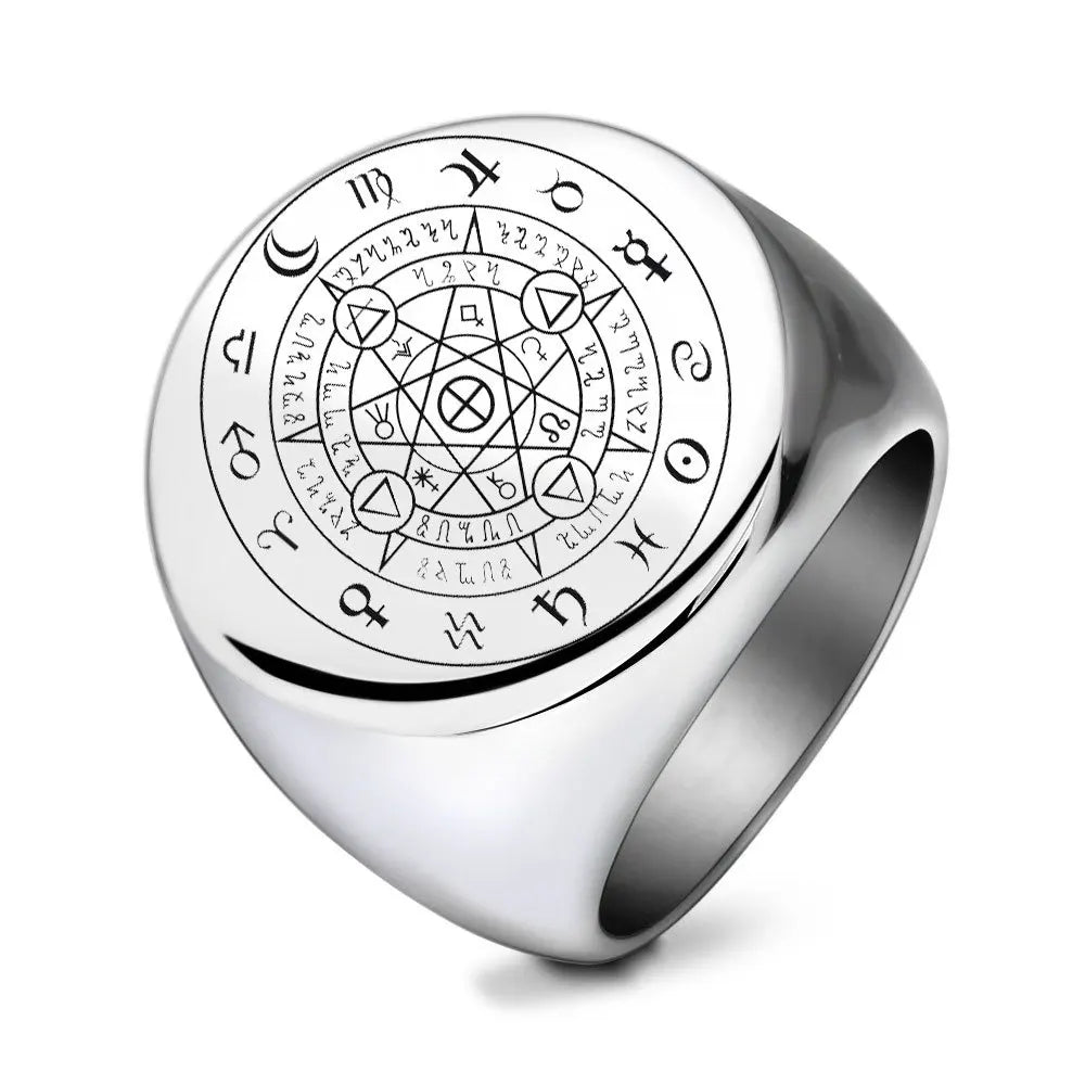 Simple Stainless Steel Signet Ring Round Top Polished Astrology Zodiac Ring