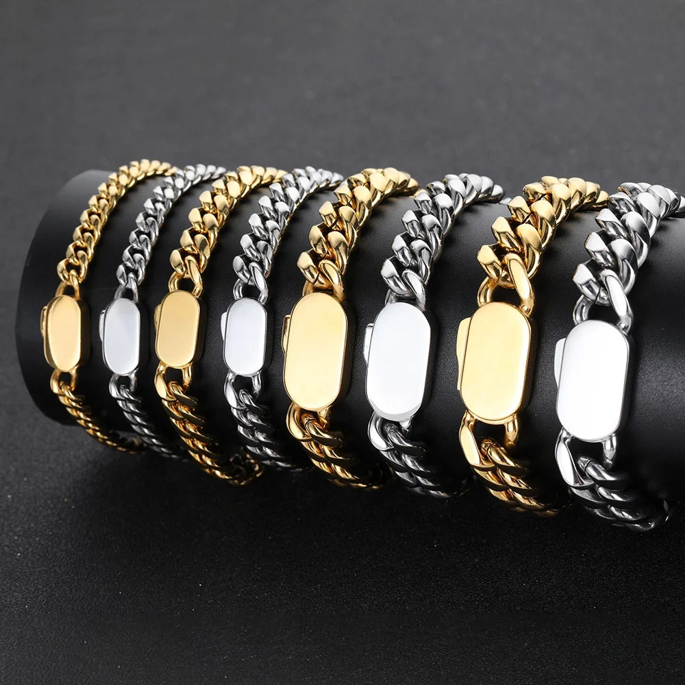 Wholesale Fashion Hip Hop Geometric Wedding Cuban Chain Stainless Steel Bracelet 6mm/8mm/10mm/12mm 18K Gold Plated Gift Party