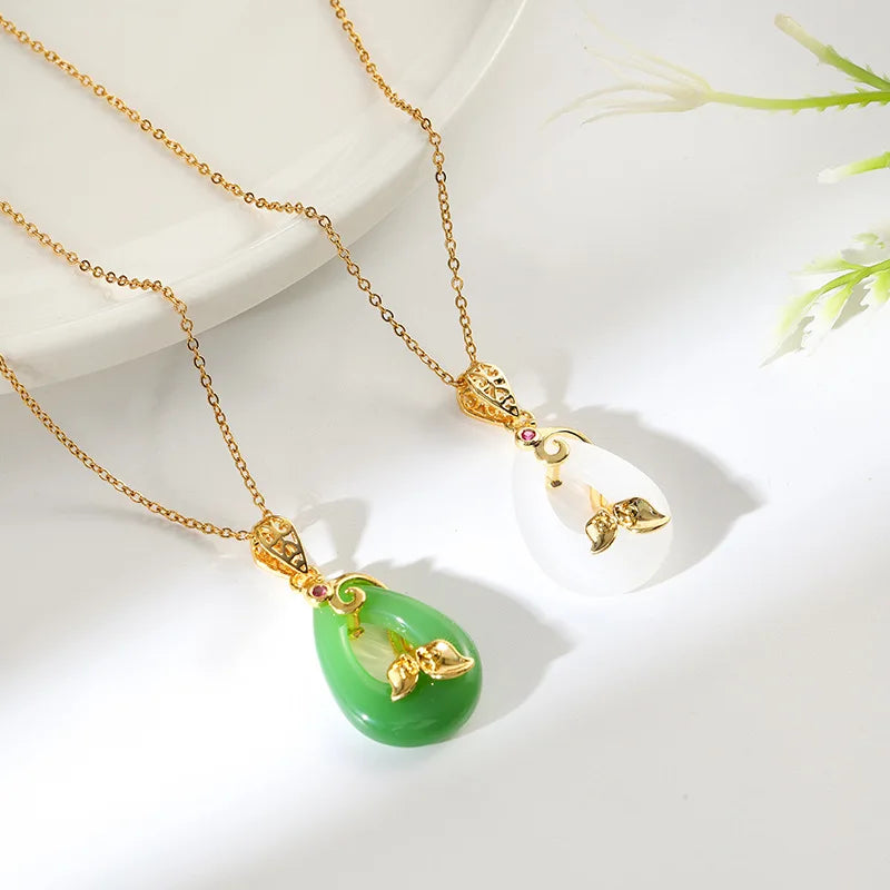 Wholesale Peace Buckle Lotus Jade Pendant Jewelry Vintage Pendant Necklace with 18K Stainless Steel Chain for Women