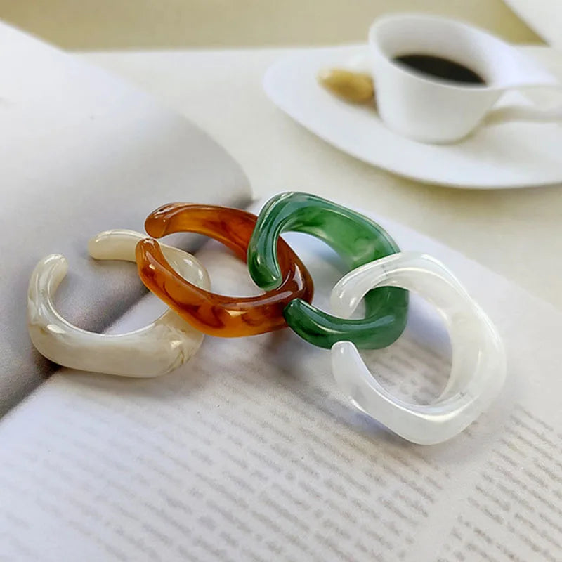 Elegant Women Jewelry Jade Green Resin Open Rings Adjustable Marble Pattern Irregular Acrylic Finger Rings