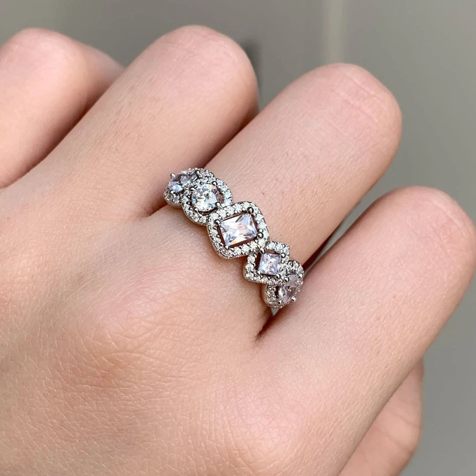 CAOSHI Unique Geometric Cubic Zircon Rings Women Silver Coating Personalized CZ Round Simulate Diamond Female Zircon Rings