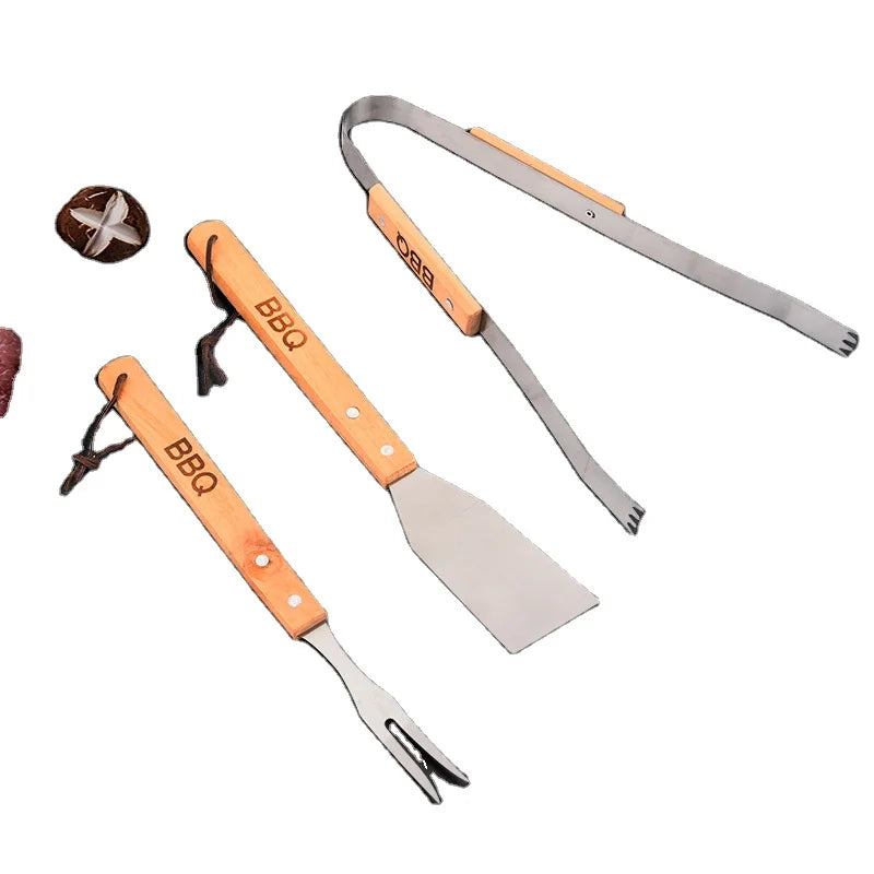 HY 3-Piece Professional BBQ Tool Set Grill Tongs Heat Resistant Stainless Steel Wooden Handle-Easily Cleaned Outdoor Cooking