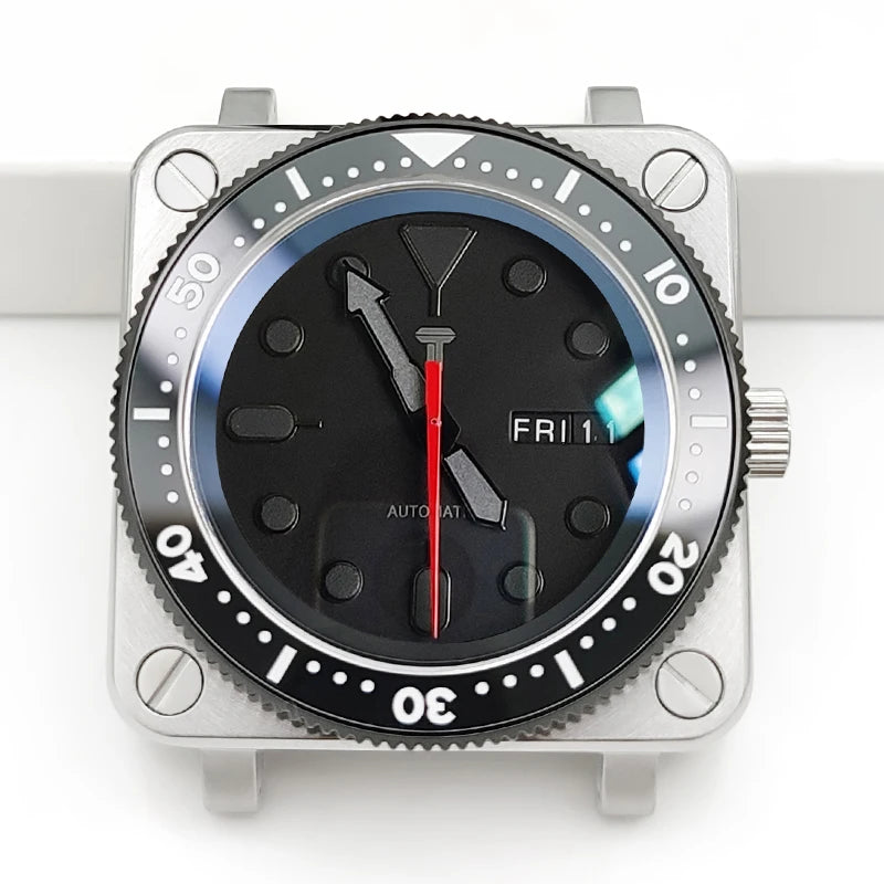 Square SKX Black/Silver Watch Case Sapphire Stainless Steel Crown Shiny/Brushed Ceramic Insert Watches Parts Custom NH35 NH36