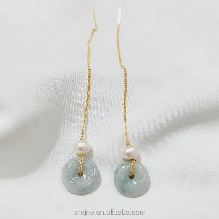 Korean Version of Natural Freshwater Pearl Earrings All-Match Jade 14K Gold Long Section Adjustable Handmade Earrings
