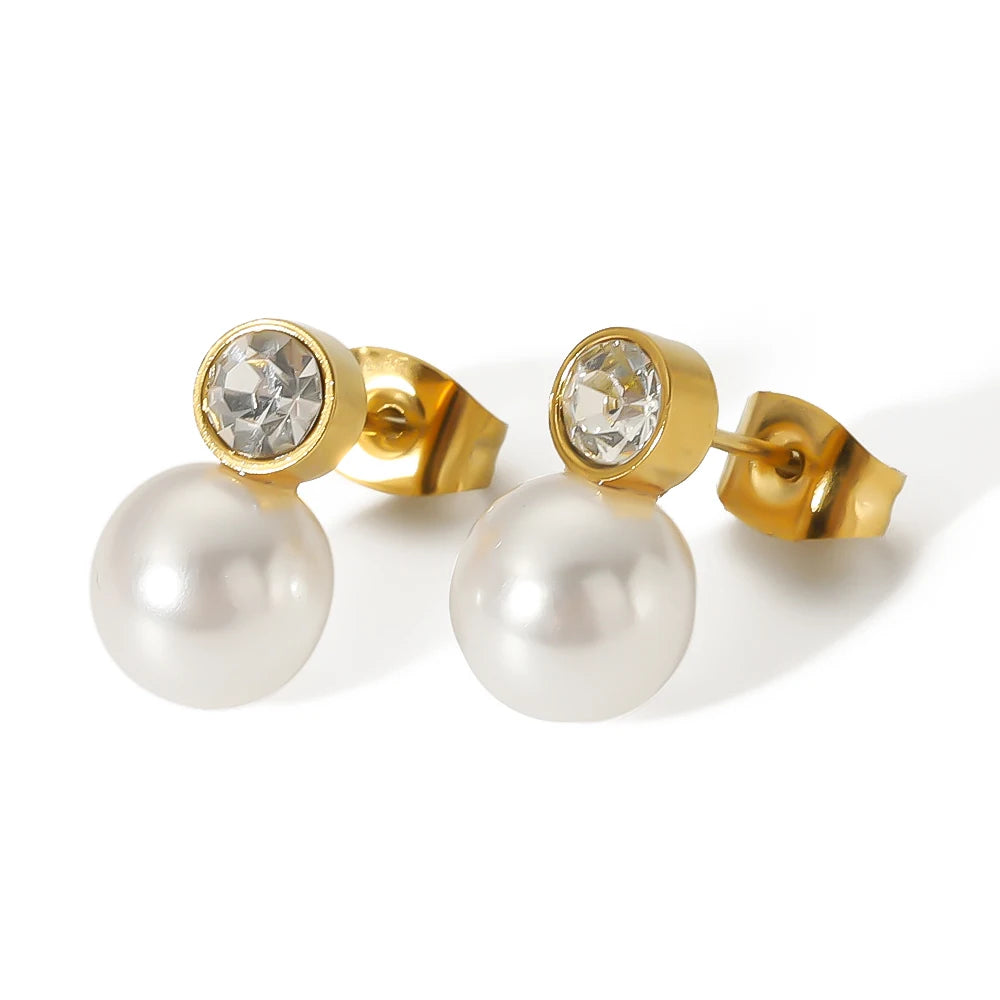 European Trendy Fashionable Stainless Steel Jewelry 18K Gold Plated Inlay Rhinestone Pearl Cubic Zircon Geometric Stud Earrings