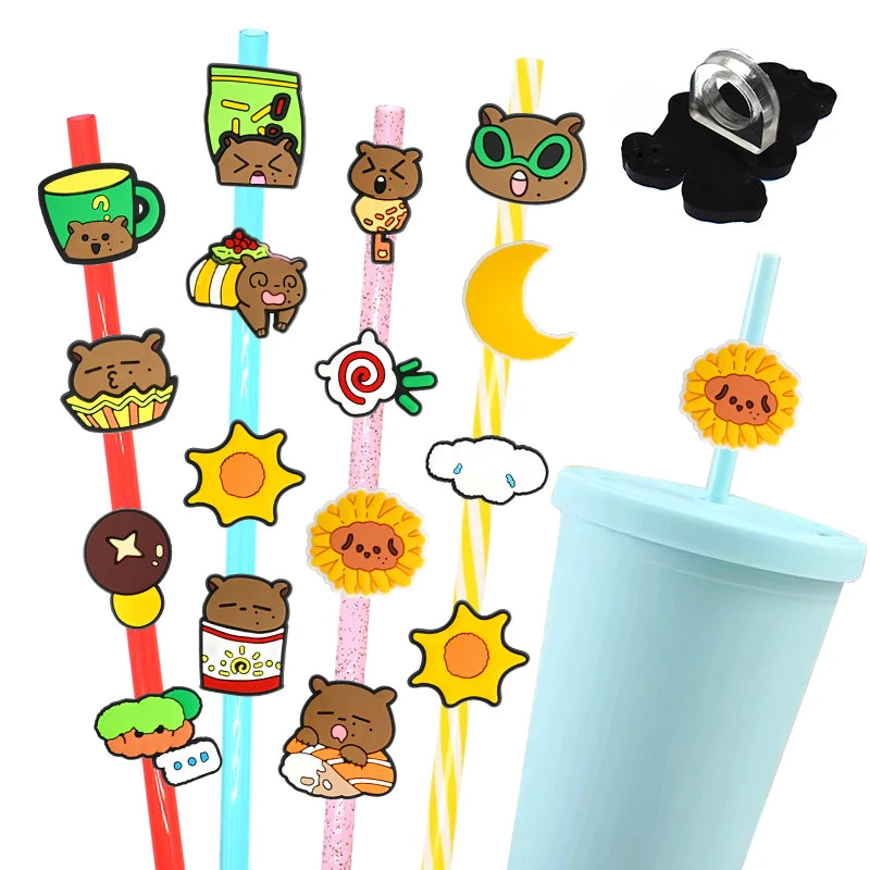 Hot Selling PVC Lovely Bear Straw Topper Custom Logo Wholesale Tumblers Decorative Accessories for Bar Drinkware