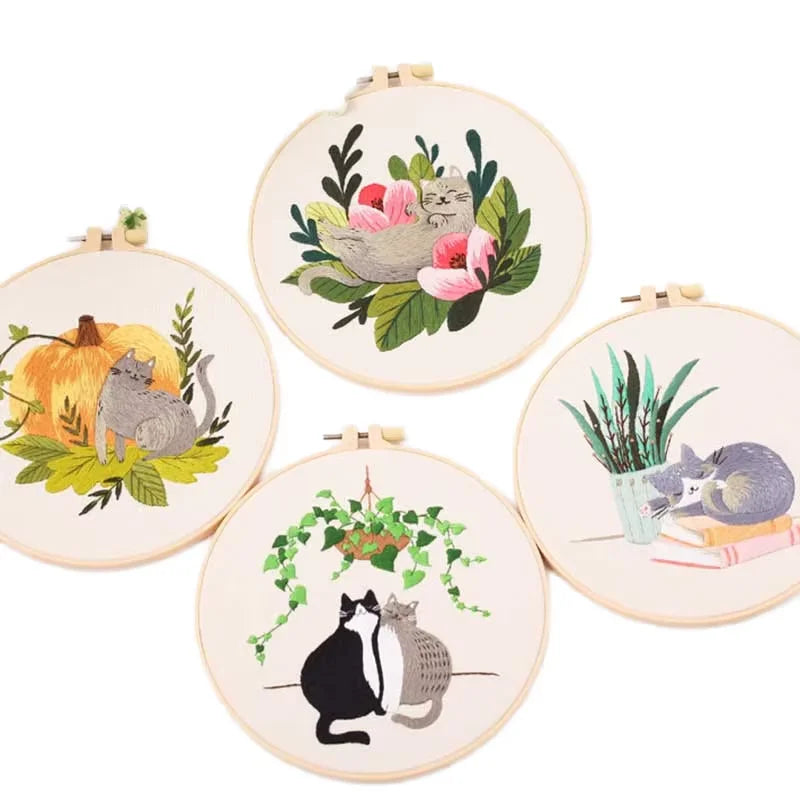 Embroidery Starter Kits for Adults with Cat Animal Patterns and Instructions Beginner Stamped Cross Stitch Kits