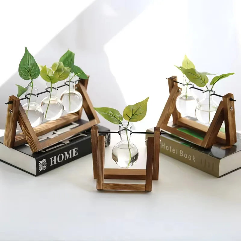 Tailai Wooden Art Craft Creative Plant Container Wooden Frame for Glass Vase for Plants Bulb Home Garden Office Decoration