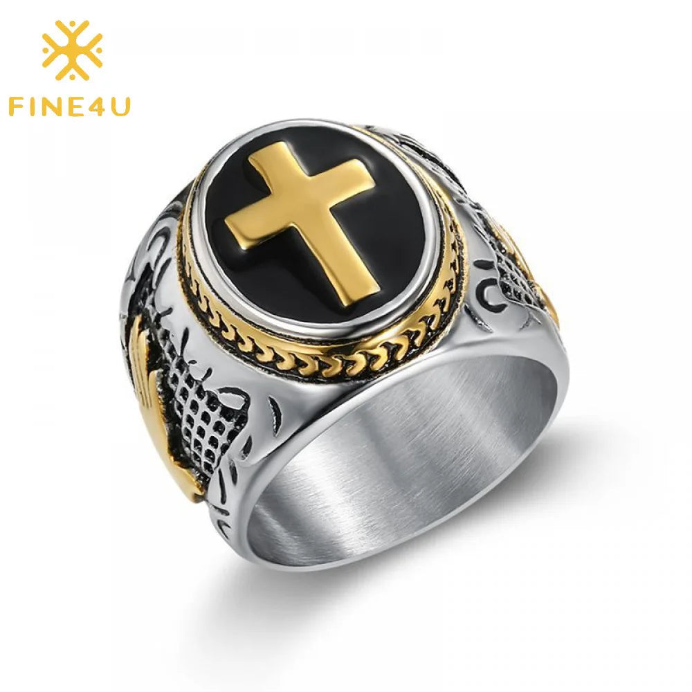 Religious Christian Jewelry Vintage Gold Plated Praying Hands Stainless Steel Jesus Cross Ring for Men
