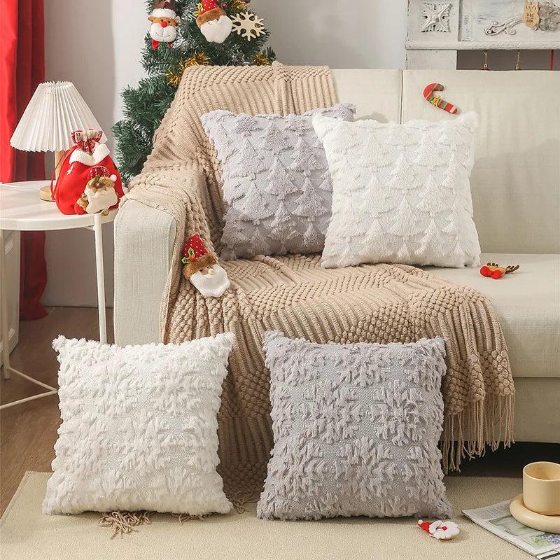 Luxury Style Christmas Pillow Cover Plush Decorative Throw Cushion Case with Snowflake for Home & Hotel Christmas Decoration