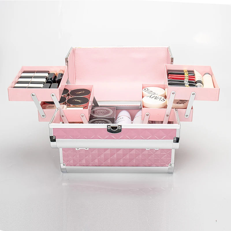 Professional 3-Layer Makeup Artist Train Box Large Fashionable Foldable Cosmetics Bag with Zipper Closure Travel-friendly