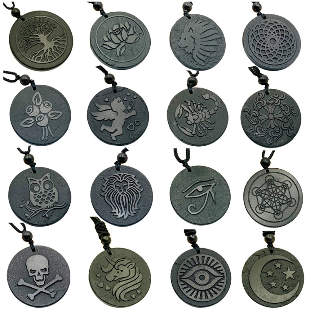 Wholesale Cheap Price Natural Stone Shungite Round and Cross Shaped Pendant Necklace for EMF Protection
