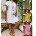 2022 Summer Loose Solid Color Short Sleeve V-neck Cotton and Linen Dress Fashion Women's Wear