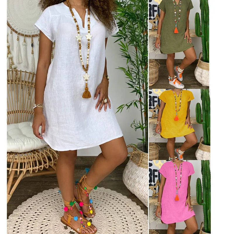 2022 Summer Loose Solid Color Short Sleeve V-neck Cotton and Linen Dress Fashion Women's Wear