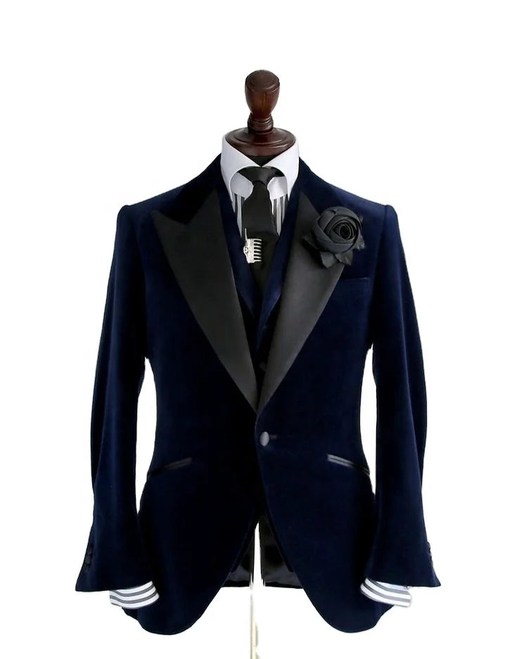 2025 Navy Velvet Designer Men Suits Tuxedos Groom Wedding Party Prom Pants Suits Coat Vest Business Wear Outfit 3 Pieces