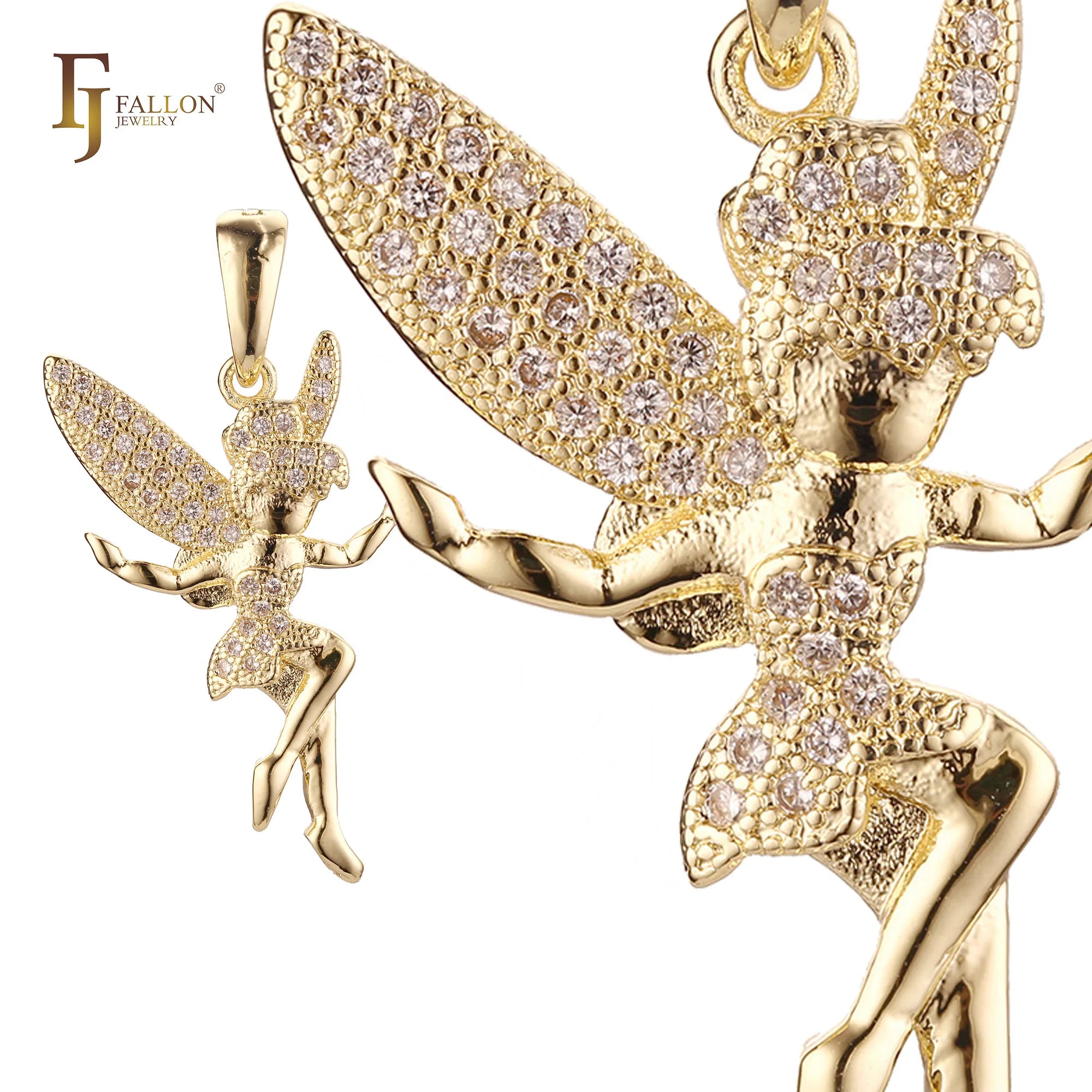 FJ Fallon Fashion Jewelry Dancing Fairy White CZs Pendant Plated in 14K Gold Brass Based