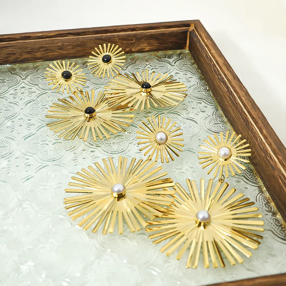 Ins French Exaggerated Waterproof Gold Earrings Stainless Steel Inlaid Natural Stone Earrings Big Sun Flower Earrings for Women